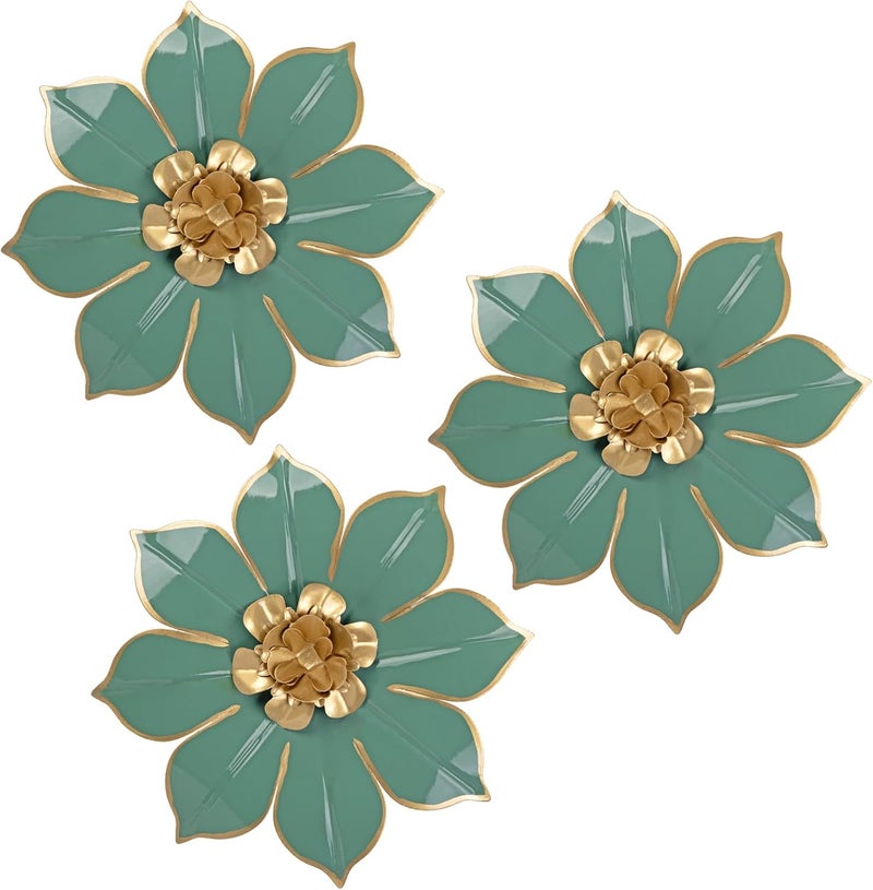 Villa Como Metal Flowers Wall Decor Set of 3, Green & Gold 3D Floral Metal Wall Art Decor for Inoor & Outdoor Use, Vintage & Modern Walls Arts for Bathroom, Living Room, Bedroom, Garden, Patio, Porch, Office,10" - Image 1